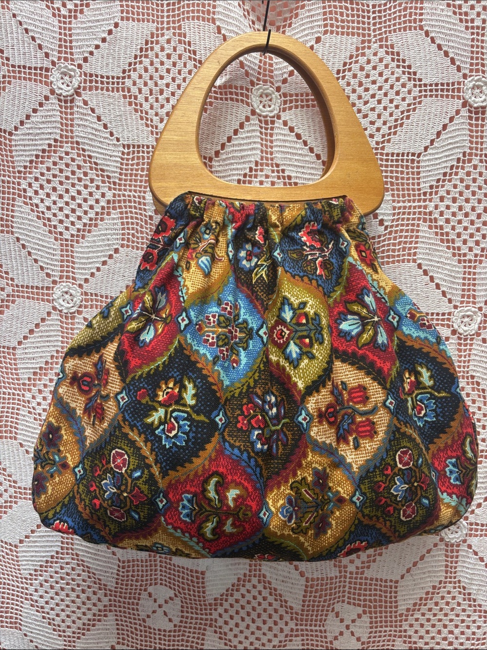 Vintage Large Fabric Tote Bag Wood Handles Boho Floral Carpet Style